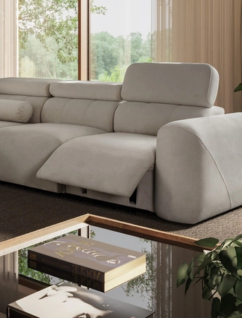 Rohová sedačka s funkcí spaní Cantare III Lux béžová pravostranná stylová a pohodlná rohová sedačka do obývacího pokoje se zvedací opěrkou nohou