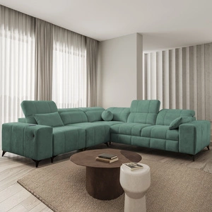 Rohová sedačka s funkcí spaní Penejos III zelená levá mimořádně pohodlná a praktická rohová sedačka do obývacího pokoje dvě nádoby na lůžkoviny