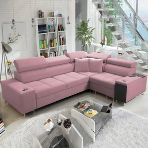 Rohová sedací souprava s funkcí spaní Dafni II Indický růžový samet Pravá rohová sedací souprava s úložným prostorem na lůžkoviny a celoplošnou výsuvnou zásuvkou