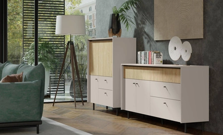 Komoda Cappo 104 cm pískově béžová / olejovaný dub stylová vysoká komoda do jídelny nebo obývacího pokoje minimalistický design