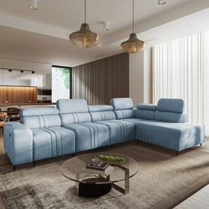 Rohová sedací souprava s funkcí spaní Castel XI modrá pravá strana pohodlná rohová sedací souprava s úložným prostorem na lůžkoviny odolná tkanina