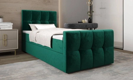 Kontinentální postel Manhattan 90x200 lahvově zelená v moderním skandinávském stylu s čalouněným čelem a nohou postele s úložným boxem