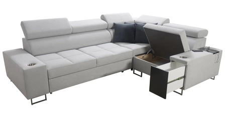 Rohová sedací souprava s funkcí spaní Dafni II šedý jasan pravoúhlá proplétaná rohová sedací souprava se zásuvkou na lůžkoviny v boční části nábytku