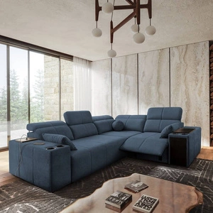 Rohová pohovka s funkcí spaní Tesalia II Lux modrá pravá pohodlná rohová pohovka s posuvným opěradlem a výsuvnou podnožkou