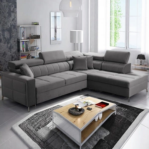 Rohová sedací souprava s funkcí spaní Nausa III šedá pravá sametová stylová pohodlná rohová sedací souprava nastavitelné opěrky hlavy nádoba na lůžkoviny