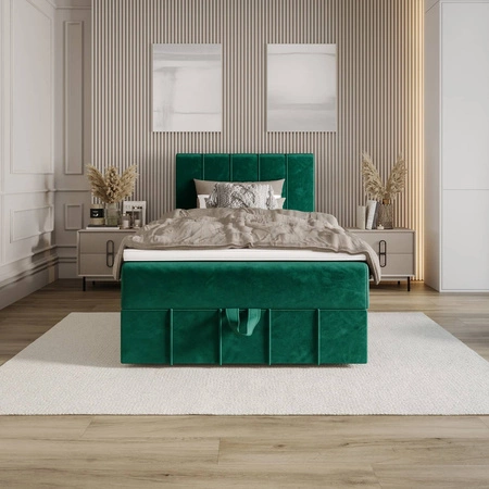 Kontinentální postel Casey 120x200 lahvově zelená v moderním skandinávském stylu s čalouněným čelem postele s úložným boxem