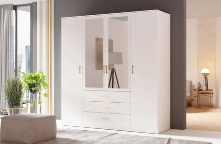 Šatní skříň Adel 200 cm bílá elegantní design prostorná skříň se zrcadlem a zásuvkami ideální do ložnice nebo předsíně zlaté úchyty