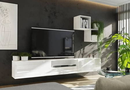 Mistra bílá / bílý lesk univerzální a stylová nástěnná skříňka do obývacího pokoje minimalistický design v moderním prostředí