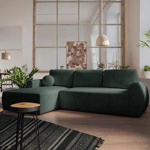 Rohová sedací souprava s funkcí spaní Colio zelená levá strana stylová rohová sedací souprava se zajímavým tvarem velurové tkaniny dekorativní polštářová koule