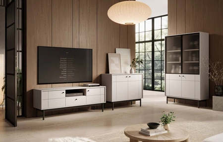 Nábytková sestava Modesta béžový minimalistický design zvýrazněný jemnými barvami rýhované tvrzené sklo vysoké dřevěné nohy