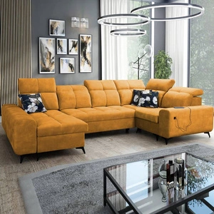 Rohová sedací souprava Buffalo IV s funkcí spaní žlutá levá stylová rohová sedací souprava se dvěma lůžkovinami velurová tkanina