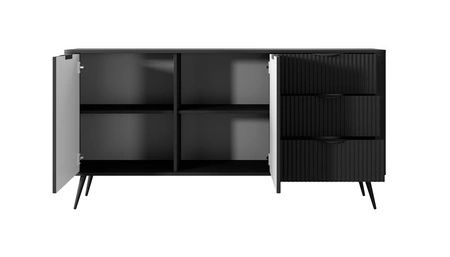 Zásuvková komoda Lante 163 cm černá vkusná komoda s drážkovanými čely na vysokých šikmých nohách se stylovými úchyty