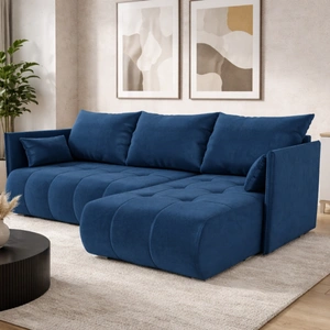 Rohová pohovka s funkcí spaní Selva tmavě modrá univerzální rohová pohovka s úložným prostorem na lůžkoviny z příjemné plyšové látky