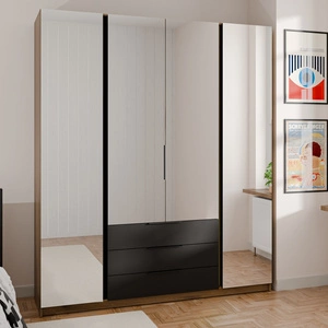 Zrcadlová šatní skříň Kastano VI 200 cm dub evoke / černá klasický tvar úchytky hrany ideální šatní skříň do ložnice prostorné zásuvky