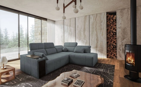 Rohová sedací souprava s funkcí spaní Tesalia VII šedá pravý roh moderní design pohodlné posuvné opěradlo zásuvka v boku nábytku