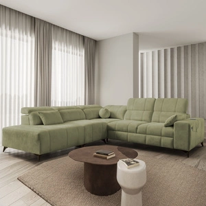 Rohová sedací souprava s funkcí spaní Penejos IX olivová levá stylová rohová sedací souprava s kontejnery na lůžkoviny pohodlné nastavitelné opěrky hlavy