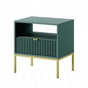 Lovro noční stolek se zásuvkou pastelově zelený vkusný drážkovaný dekor ideální skříňka do ložnice zlaté kovové doplňky