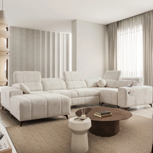 Rohová sedací souprava s funkcí spaní Penejos IV krémová levá stylová rohová sedací souprava se dvěma přihrádkami na lůžkoviny odolná látka