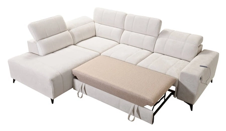 Rohová sedací souprava s funkcí spaní Penejos VII modrá levá stylová rohová sedací souprava s úložným prostorem na lůžkoviny pohodlné nastavitelné opěrky hlavy