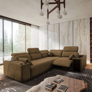 Rohová pohovka s funkcí spaní Tesalia II Lux hnědá pravá pohodlná rohová pohovka s posuvným opěradlem a výsuvnou podnožkou