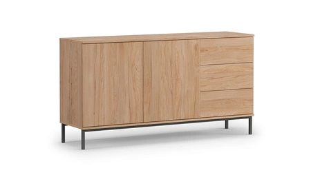 Sada nábytku Tutti dub hickory jednoduchá forma nástěnné skříňky na kovovém černém podstavci bezúchytkový systém otevírání push to open