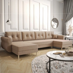 Rohová sedací souprava s funkcí spaní Wilkins U světle hnědá pohodlná rohová sedací souprava z měkké tkaniny s moderním designem, která se hodí do každého interiéru