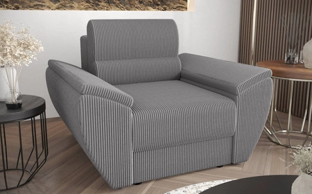 Křeslo Fogu šedý jasan moderní design pohodlné křeslo do obývacího pokoje manšestrová látka s výraznými pruhy široké područky