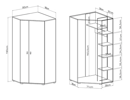 Rohová šatní skříň Niko černá / dub / béžová ideální do pokoje pro mladé funkční a prostorná originální barvy