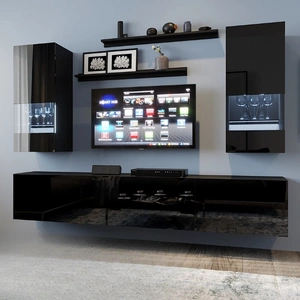 Univerzální nástěnná skříňka Pella černá / černý lesk do obývacího pokoje se světlým designem dokonale zapadne do každého interiéru