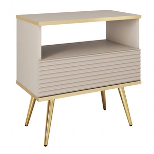 Luxusní béžový noční stolek se zásuvkou elegantní design skříňka se zlatým lemováním skříňka s rýhovaným čelem zlaté vysoké nohy