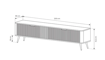 RTV skříň Lante 200 cm černá moderní design korpusu na vysokých nohách rýhované čelo charakteristický oválný tvar