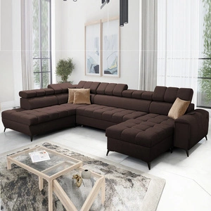 Rohová sedací souprava s funkcí spaní Bolmso VI hnědá pravá pohodlná rohová sedací souprava s nastavitelnými opěrkami hlavy dekorativní prošívání na sedáku