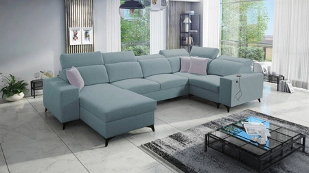 Rozkládací pohovka Kelly Sleek IV Arktická modrá levá rohová rozkládací pohovka s koši na lůžkoviny tkaná látka