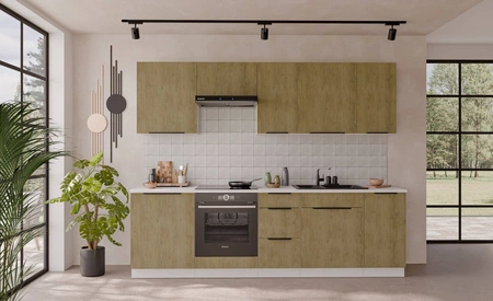 Sada kuchyňského nábytku Cremona 260 cm elegantní kuchyňské skříňky v jemných a přírodních barvách úchyty s kovovými hranami