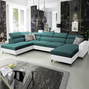 Rohová sedací souprava s funkcí spaní Savona VI tyrkysová / bílá pravá elegantní a pohodlná rohová sedací souprava do obývacího pokoje dva kontejnery na lůžkoviny