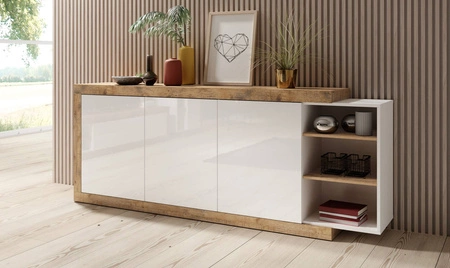 Komoda Sintra 220 cm dub samdal / bílý lesk funkční, ideální do moderních interiérů bezúchytkový systém otevírání push to open