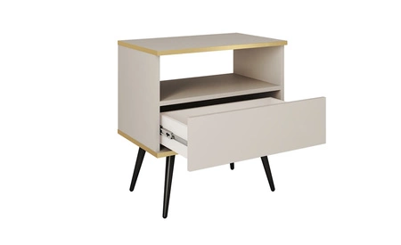 Luxusní noční stolek se zásuvkou černý elegantní design skříňka doplněná zlatou lištou skříňka stojí na vysokých kovových nohách