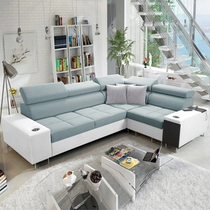 Rohová pohovka s funkcí spaní Dafni II arktická modrá / bílá pravoúhlá tkaná rohová pohovka se zásuvkou na lůžkoviny v boční části