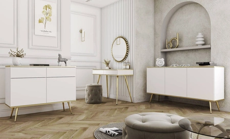 Komoda Luxury 160 cm bílý elegantní designový korpus doplněný zlatým lemováním komoda stojí na vysokých kovových nohách