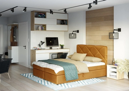 Kontinentální postel Luton 180x200 hořčice v moderním skandinávském stylu s výrazným čelem