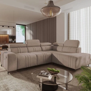 Rohová pohovka s funkcí spaní Castel VII světle hnědá pravostranná stylová rohová pohovka s úložným prostorem na lůžkoviny a polohovatelnými opěrkami hlavy