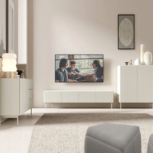 Nábytková sestava Muti béžová designová závěsná skříňka do obývacího pokoje poutavé drážky na čelech nábytku a korpusy systém push to open