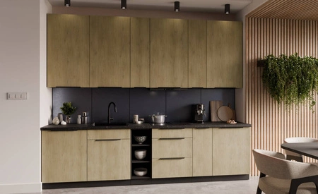 Kuchyňský nábytek Crotone 300 cm elegantní kuchyňské skříňky s kovovými úchytkami na hraně skříňka s nákladním košem