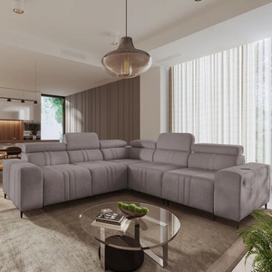 Rohová sedací souprava s funkcí spaní Castel III šedohnědá pravá rohová sedací souprava se dvěma kontejnery na lůžkoviny s nastavitelnými opěrkami hlavy