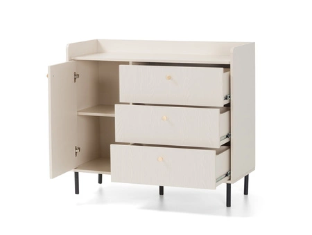 Komoda Ferdi 104 cm béžová písková Estetická komoda do obývacího pokoje na štíhlých kovových nožkách Vysoké hrany horní desky