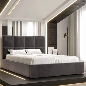 Čalouněná postel Aresa 180x200 s šedým úložným boxem v moderním skandinávském stylu s pohodlným podhlavníkem