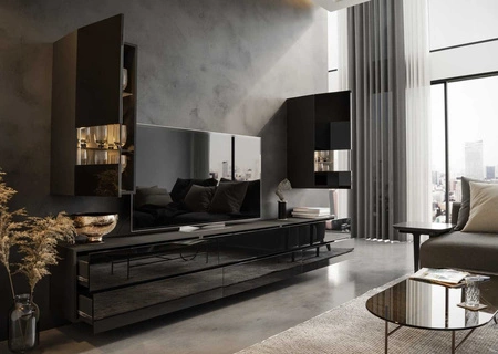 Nástěnná skříňka Pirgos černá / černý lesk Minimalistický design nástěnné skříňky pro obývací pokoj nebo zasedací místnost Systém push to open