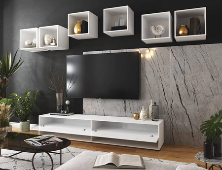 Nástěnná skříňka Lindos bílá / bílý lesk stylový design, který se hodí k jakékoli interiérové nástěnné skříňce RTV skříňka s možností zavěšení