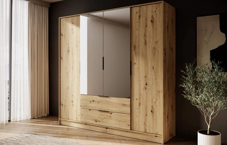 Zrcadlová šatní skříň Corse 200 cm dub artisan moderní design ideální skříň do ložnice nebo předsíně prostorné zásuvky