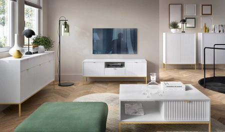 Konferenční stolek Lovro bílý se zásuvkami moderní design deska odolná proti rozlití zlaté kovové nohy